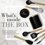 Styled Settings Black and Gold Kitchen Utensils Set with Holder, 8-Piece | Heat Resistant, Nonstick, Black Silicone Cooking Utensils Set, Ceramic Utensil Holder & Stackable Gold Spoon Rest