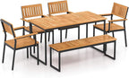 Tangkula 6 Pieces Outdoor Acacia Wood Dining Set, Patio Table and Chairs Set with Bench for 6-7 People, Outdoor Dining Furniture Set with 2" Umbrella Hole for Garden, Backyard and Poolside