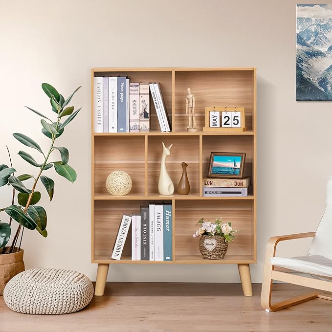 LEYAOYAO Wooden 5 Cube Bookshelf, Natural 3 Tier Book Shelf with Legs, Modern Open Storage Organizer,Boho Bookcase,Display Cabinet Shelf Free Standing Bookshelves for Bedroom,Living Room,Study