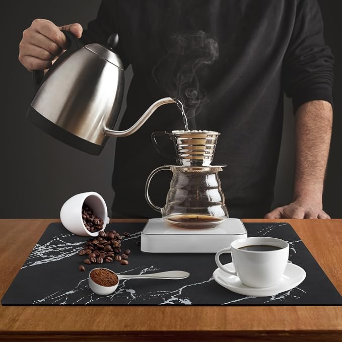 ZLR Coffee Bar Mat for Espresso Machine, 12"x20" Medium, Marble Black | Absorbent Dish Drying Mat, Stain-Hiding PU Top, Non-Slip Back, Fits Grinder, Knock Box, Tamper & Milk Frother