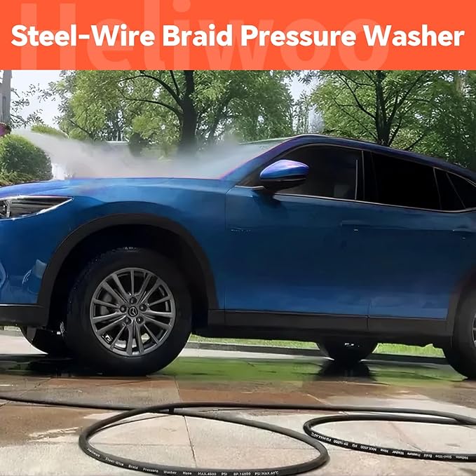 5/16" Pressure Washer Hose 100 FT, Hot and Cold Water Power Washer Hose Max 140°F, Commercial Industrial Grade Steel Wire Braided Kink Proof Extension Hose -4500 PSI