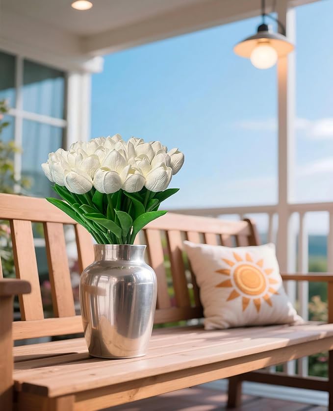 15pcs White Tulips PU Artificial Flowers Real Touch Fake Tulips for Spring Easter Home Kitchen Wedding Bouquet Bulk Mother's Gift Day Decorations