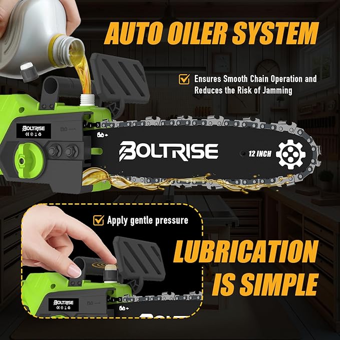 12 Inch Cordless Brushless Electric Chainsaw, 2 × 4.0Ah Batteries & Auto Oiler Security Lock, 42 FT/S Powered Compact HandHeld Chain Saw, for Tree Trimming, Wood Cutting Garden, Pruning