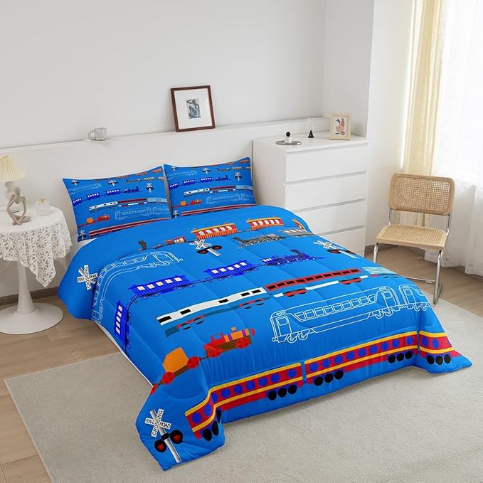 Erosebridal Train Full Comforter Set for Boys,Cartoon Car Bedding Set for Kids Boys Girls Toddler,Vintage Car Down Comforter,Retro Steam Railway Rail Traffic Light Duvet Set Bedroom Decor,Blue 3Pcs