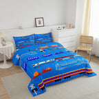 Erosebridal Train Full Comforter Set for Boys,Cartoon Car Bedding Set for Kids Boys Girls Toddler,Vintage Car Down Comforter,Retro Steam Railway Rail Traffic Light Duvet Set Bedroom Decor,Blue 3Pcs