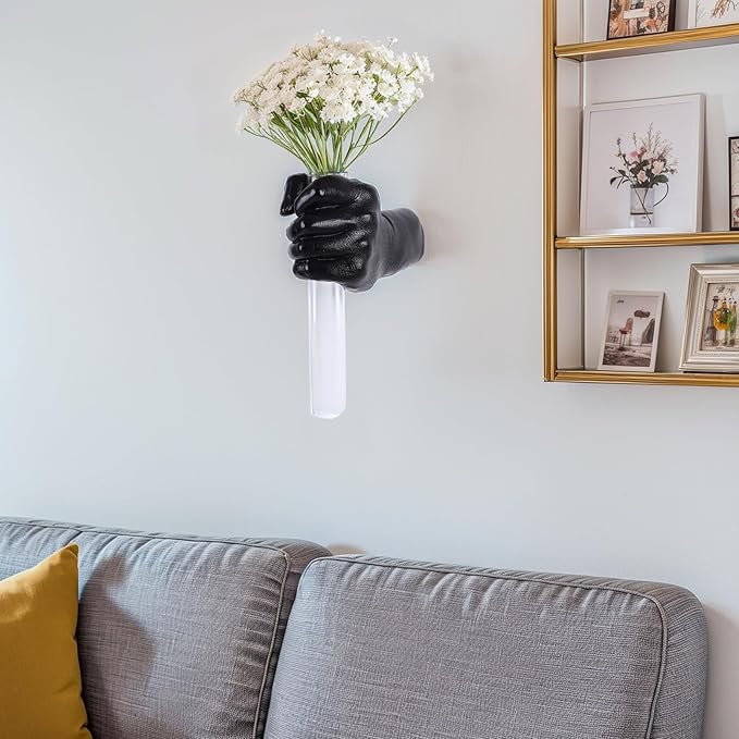 Black Wall Sculptures, Hand Vases Home Decor, Wall Mount Art Sculpture, Unique Wall Art Statue, Funky Flower Vase Decorations, Modern Eclectic Hanging Decor,Glass Test Tube Vase