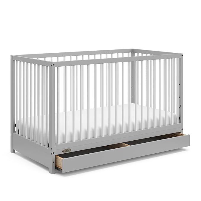 Graco Teddi 5-in-1 Convertible Crib with Drawer (Pebble Gray with White) – GREENGUARD Gold Certified, Crib with Drawer Combo, Full-Size Nursery Storage Drawer, Converts to Toddler Bed