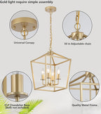 Industrial 4 Lights Chandelier, Gold Lantern Ceiling Light Fixtures with Rustic Metal Cage Adjustable Height Farmhouse Geometric Hanging Light for Kitchen Island, Dining Room, Entryway, UL Listed