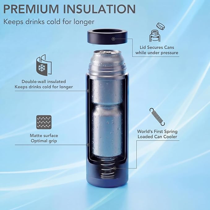 Stack'Em Patented Double Can Cooler Insulator - Holds Two 12 oz Cans - Stainless Steel Stackable Thermocooler - Reusable Drink Holder for Beer, Seltzer, Soda, Energy Drinks (Blue)