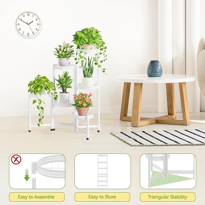 iDavosic.ly Plant Stand Indoor Outdoor, 6 Tier Corner Metal Flower Display Holder Shelf, Folding Tall Orchid Rack for Patio Balcony Porch Garden Living Room House, Wrought Iron - White