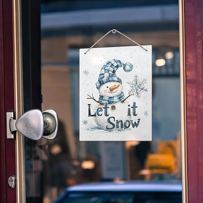 Winter Snowman Hanging Wooden Signs 12x6, Let It Snow Signs, Winter Wall Decor, Winter Door Decor, Blue Snowman Winter Snowflakes Home Room Office Hanging Wall Decor