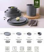 Famiware Nebula Dinnerware Set with Pasta Bowls, Service for 4 (16pcs), Fine Stoneware Plates and Bowls Sets, Microwave and Dishwasher Safe Dishes Set, Dark Gray