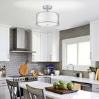 FOLKSMATE Silver Semi Flush Mount Ceiling Light Fixture, 3-Light Drum Light with Double Fabric Shade, Modern Close to Ceiling Lamp for Living Room, Bedroom, Dining Room, Kitchen, Hallway, Entry, Foyer