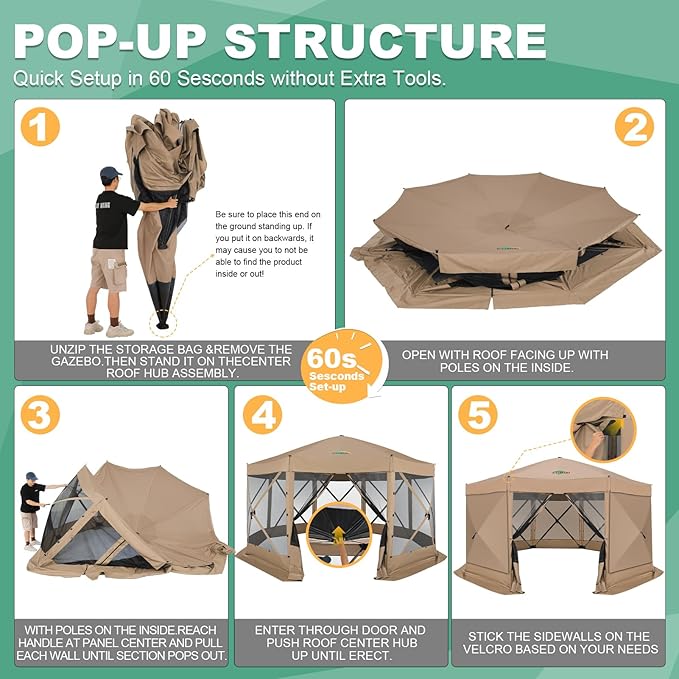 COBIZI 15x15ft Extra Large Pop Up Gazebo Canopy Tent with Mosquito Netting, Spacious Easy Set-Up Screened Shelter, Durable Outdoor Pavilion with Ground Stakes, Perfect for Patio, Backyard, Khaki