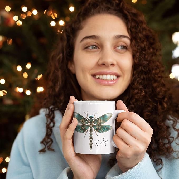 Personalized Steampunk Dragonfly Mug, Customized Name Coffee Cup 11oz, Custom Unique Dragonfly Ceramic Cup, Dragonfly Lovers White Cup, Steampunk Themed Decorative Mug, Kid Cup