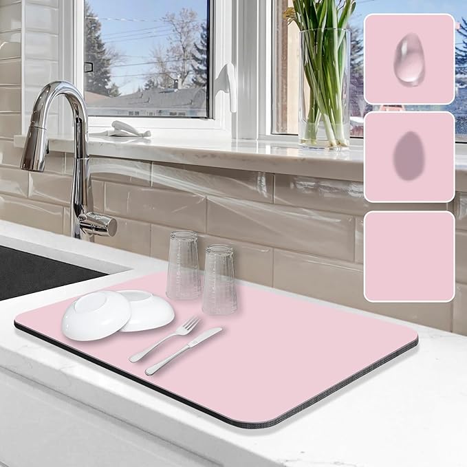Dish Drying Mat for Kitchen Counter, 12"x19" Pad with Rubber Backed (Pink) | Hide Stain Anti Absorbent for Kitchen Counter, Non-slip Drying Mat for Coffee Machine Dish Rack