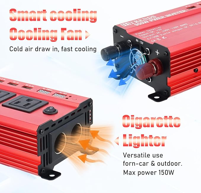 HITRENDS 900W Car Power Inverter 12V to 110V, DC to AC Converter with 4 USB Ports (24W Quick Charge) & 2 AC Outlets, for Camping, RV, Laptop, CE, FCC and ROHS Certified