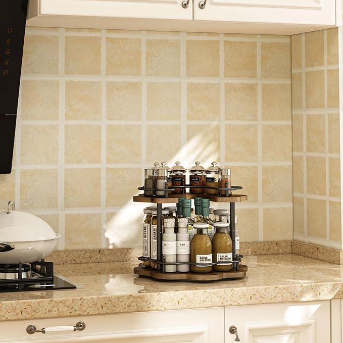 2 Tier Lazy Susan Organizer,2-Tier Spinning Spice Rack with Stable Carousel Base & 4 Height Settings for Cupboard Kitchen Countertop Dining Table Cupboard (Petal Shape)