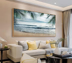 Framed Tropical Beach Wall Art - Ocean Waves Canvas Pictures Coastal Blue Sky and Sea Print Seaside Palm Tree Leaves Scene Painting Artwork Living Room Bedroom Office Home Decor 24" x 48"
