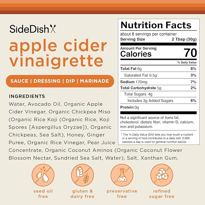 SideDish Apple Cider Vinaigrette (Pack of 3) - Seed Oil, Dairy & Gluten Free Salad Dressing w/Avocado Oil - Refined Sugar Free, All-Natural Ingredients - Paleo-Friendly Dip, Glaze & Marinade