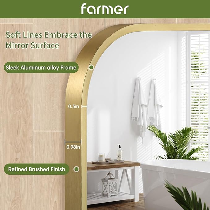 FARMER 20x30 Inch Gold Bathroom Mirror, Rectangle Vanity Mirror, Brushed Mirrors for Wall, Metal Frame Hanging Mirror with Round Corner for Bedrooms, Entryways, Living Rooms, Horizontal/Vertical