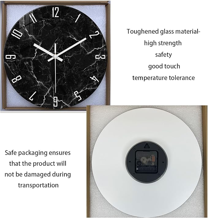 Marble Minimalist Wall Clock for Living Room Black Wall Clocks Battery Operated 20 Inch Big Glass Wall Clock Non Ticking