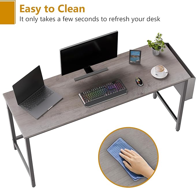 Shintenchi 63 inch Computer Desk with Storage Bag, Study Workstation Modern Simple Design for Home Office, Student Writing Desk, Office Working Desk, Gray