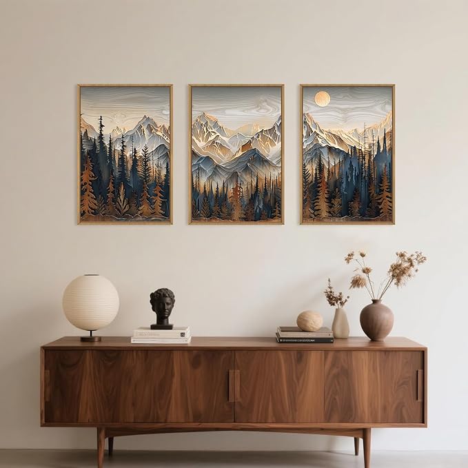 Wood Mountain Framed Canvas Wall Art Set, Pine Trees Wall Painting, Ridge Scenery Wall Decor, Natural Sun Landscape Art Print for Living Room, Bedroom, Dining Room, Office - 16"x24"x3