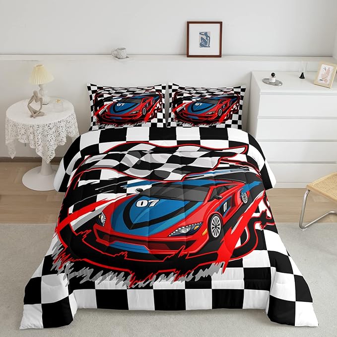 Erosebridal Racing Car Comforter Set, Dirt Bike Down Comforter,Cartoon Race Car Competition Extreme Sports Game Duvet Set for Kids Boys Teens Men, Red Automobile Quilted Duvet Decor 3 Pcs Queen Size
