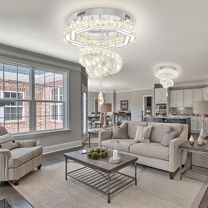 Flashing God 20" Crystal Chandelier Crystal LED Flush Mount Chandeliers for Living Room Bedrooms Dining Room Modern Chrome Chandelier Lighting Dimmable 2700k 4500k 6000k