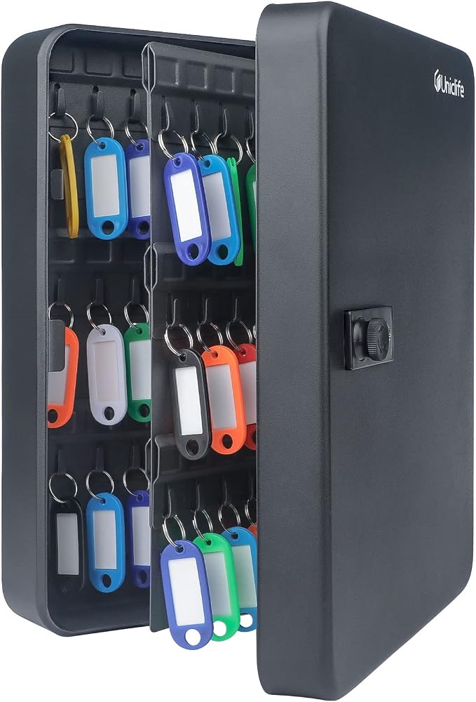 Uniclife 100 Position Key Cabinet with Combination Lock Resettable Black Digital Security Storage Box Steel Key Organizer with Colorful Key Tag Labels Stickers and Hooks