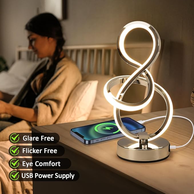 Modern Spiral Table Lamp, 7 Colors 10 Light Modes LED Nightstand Small Lamp with USB C+A Ports, Touch Dimmable Lamps for Living Room Bedroom Bedside, Unique & Cool Lamps,Silver