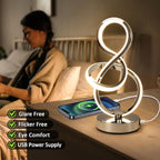 Modern Spiral Table Lamp, 7 Colors 10 Light Modes LED Nightstand Small Lamp with USB C+A Ports, Touch Dimmable Lamps for Living Room Bedroom Bedside, Unique & Cool Lamps,Silver