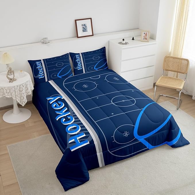 Feelyou Kids Ice Hockey Comforter Set Queen Size Ice Sports Games Bedding Set for Boys Girls Teens Bedroom Decor Hockey Player Comforter Puck Hockey Duvet Set with 2 Pillow Case