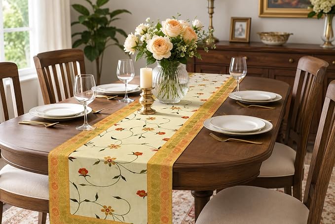 Hand Embroidered Silk Table Runner, Cream Floral Vine Design Decorative Table Linen for Dining Table, Kitchen, Coffee Table, Console, Wedding Reception, Birthday & Home Décor, 60 x 16 Inches