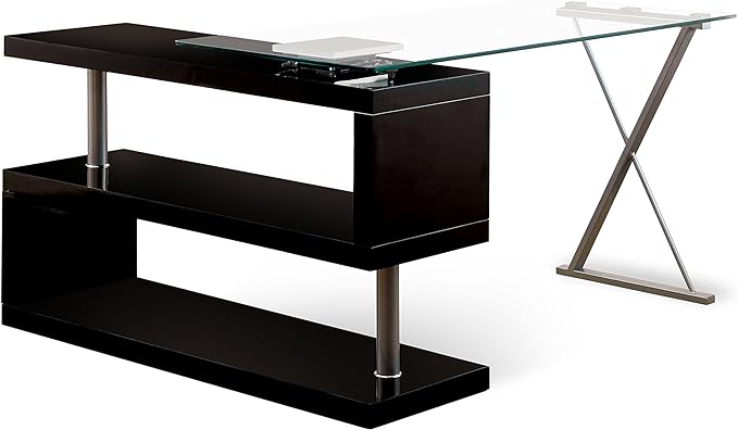 Furniture of America Lilliana S-Shaped Glass-Top Office Desk, Black