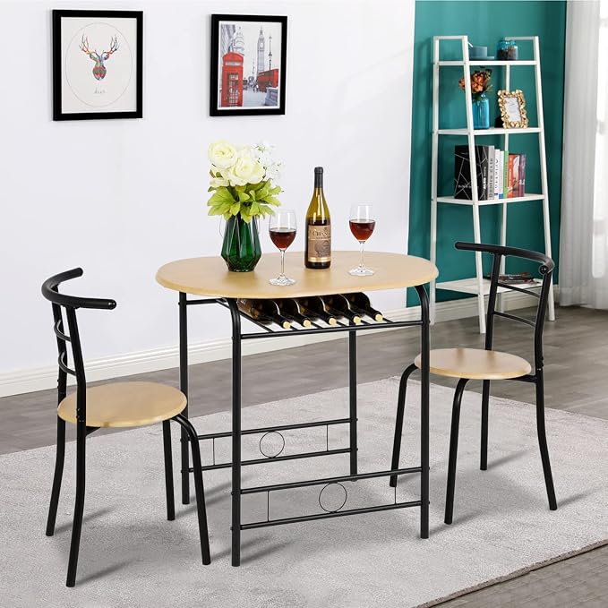 VINGLI 3 Piece Dining Set,Small Kitchen Table Set for 2,Breakfast Table Set for 2,Kitchen Wooden Table and 2 Chairs for Small Space/Dining Room/Apartment,Metal Frame,Wine Rack,Black&Natural