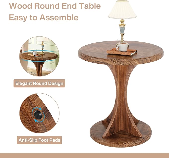 Tribesigns Round End Table for Living Room, Wood Side Table Set of 2, Mid-Century Bedside Nightstand for Bedroom, Accent Table, Easy Assembly, Vintage Brown