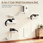 Meecal 6-in-1 Cat Wall Shelves, Wall Mounted Cat Furniture Set, Cat Shelves for Wall with Scratching Posts, Cat Bed & Bridge, Space Saving Cat Climbing Perch for Kittens, White