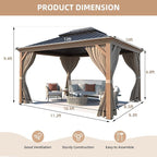 MELLCOM 10' x 12' Hardtop Gazebo, Wooden Finish Coated Aluminum Frame Gazebo with Galvanized Steel Double Roof, Outdoor Permanent Metal Pavilion with Curtains and Nettings for Patio, Lawn & Garden