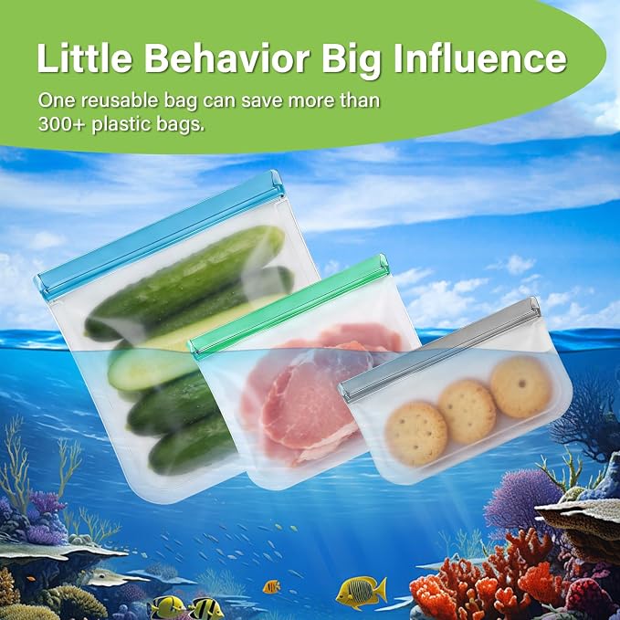 6Pack Gallon Freezer Bags, 11" x 10.6" Reusable Silicone Food Storage Bags - Leakproof, Lock Bags for Microwave, Dishwashe, Airtight Storage Bags for Lunch Container Organization