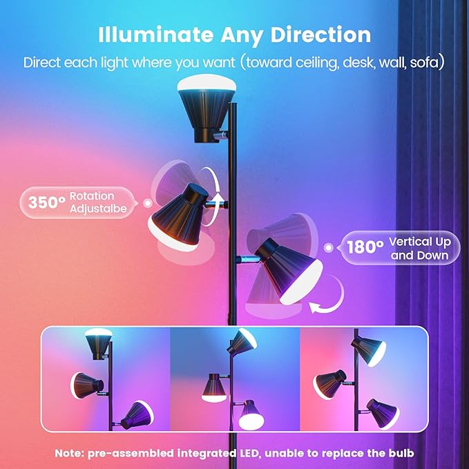 RGB Floor Lamp, 36W LED Dimmable Standing Lamp with 3 Swivel Lights, Color Changing Tall Lamp with Remote, Stepless Dimmable Modern Floor Lamps for Living Room, Bedroom, Gaming Room,Office