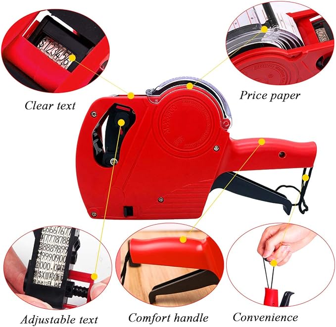 MX-5500 8 Digits Price tag Gun with 5000 Sticker Labels, Pricing Gun Kit for Office, Retail Shop, Grocery Store (A/Red)