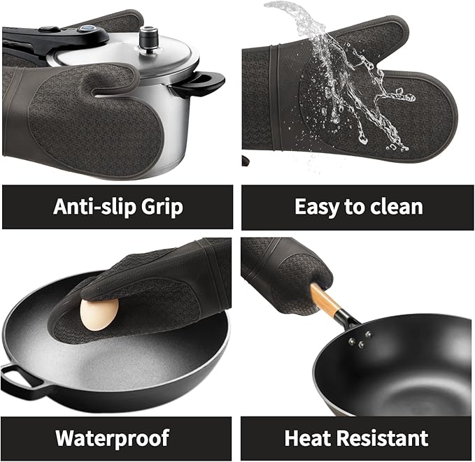 Hovico Silicone Oven Mitts, Heat Resistant 500F Kitchen Mitts 2PCS, 11.6" BPA-Free Soft Baking Gloves, Non-Slip Grip Oven Gloves with Soft Cotton Lining for Kitchen Cooking Baking BBQ - Black