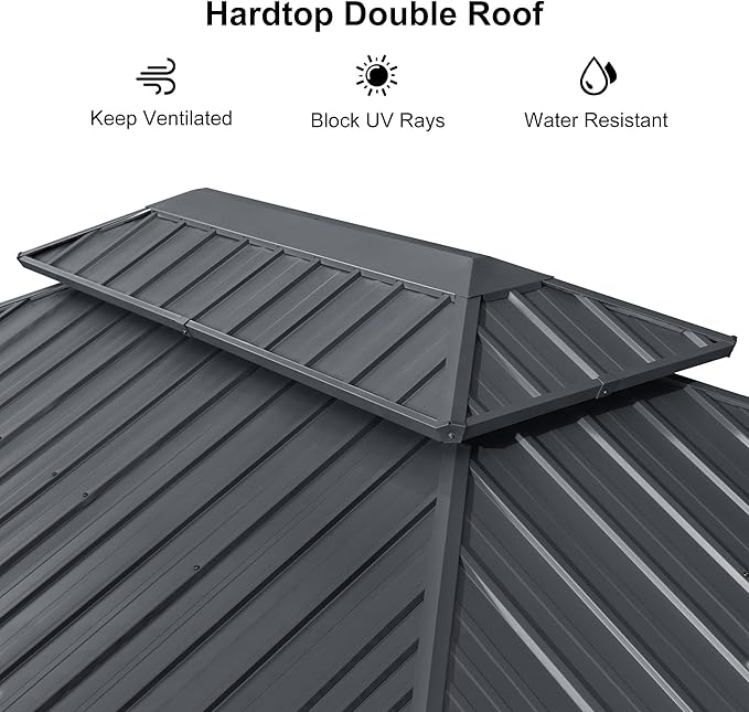PURPLE LEAF 12' X 14' Hardtop Gazebo Patio Hardtop Gazebo with Heavy Duty Galvanized Steel Double Roof for Patio Lawn Garden, Netting and Curtains Included, Grey