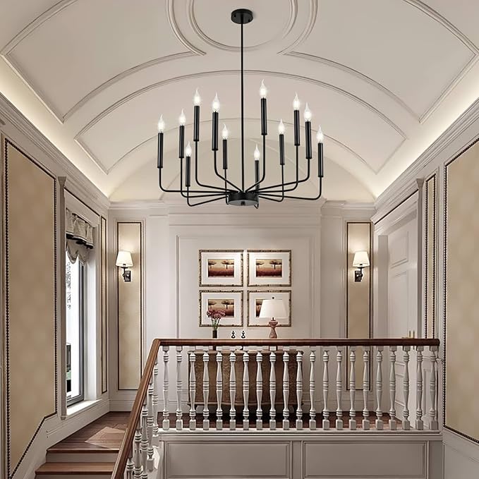 Modern Black Farmhouse Chandeliers, 12-Light Industrial Metal Chandelier Lighting, Classic Candle Hanging Pendant Light Fixtures for Living Room, Dining Room, Kitchen, Bedroom, Entryway