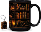 Hyturtle Black Cat Bookshelf Coffee Mug 15 Oz, Book Lover Gift for Women | Includes Matching Mini-Book Keychain; Cozy Literary Ceramic For Readers, Librarians And Bookworms On Birthdays Or Christmas