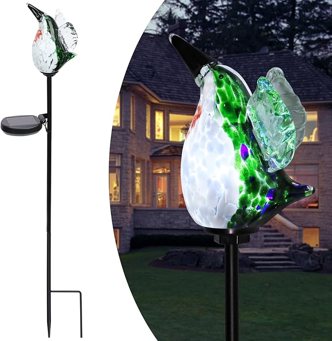 Afirst Decorative Solar Lights Outdoor Solar Hummingbird Stake Lights Hand Blown Glass Decorative Garden Pathway Light Outdoor Waterproof Glass Stakes Green