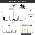 Black Chandelier, Modern Dining Room Light Fixture 8 Light Candle Chandelier Over Table 44in Metal Chandeliers Lighting for Living Room Entry Master Bedroom Bathtub Kitchen
