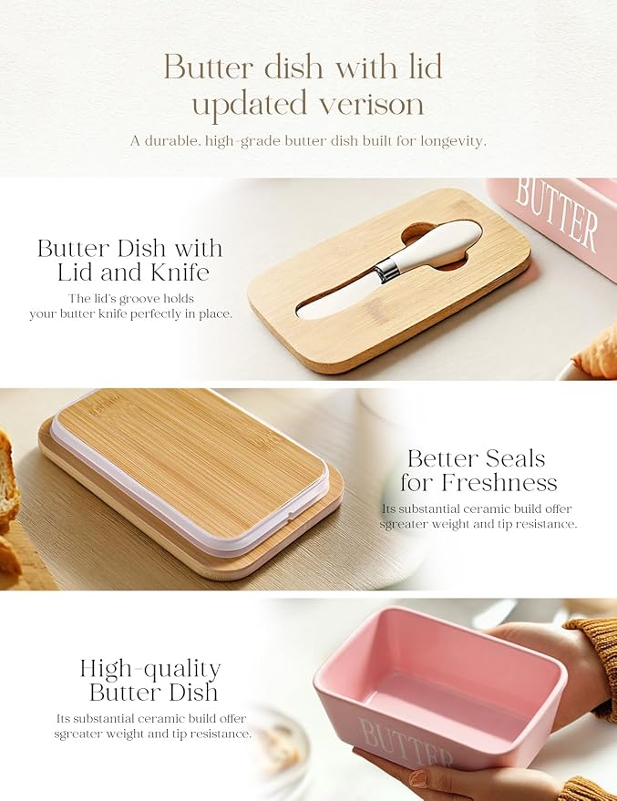 Ceramic Butter Dish with Lid and Knife & Silicone Seal for Countertop Pink | Suitable Capacity, Great Sealing, Home Decor Kitchen Gift Housewarming Gift